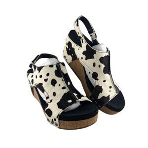 Corkys Pasture Sandals - Cow Print Wedge Heels - Size: 8 NWOB
